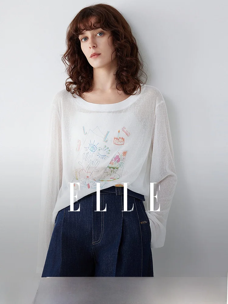 

Elle 80th Anniversary Capsule Fun Print Thin Knitted Sweater Women's Spring New Commute Cover up Soft Polyester Fiber Long Sl...