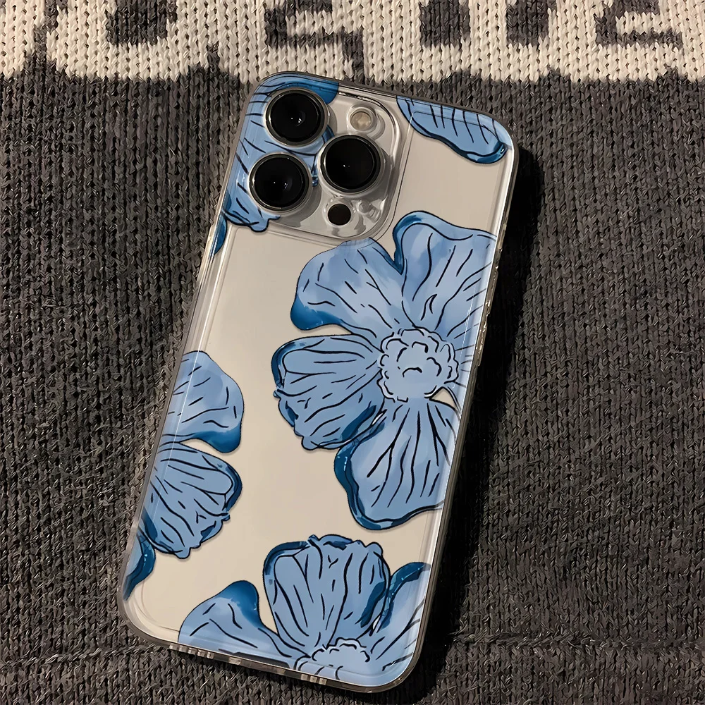 

Усовершенствованный синий чехол для телефона с большими цветами для iPhone 16 16E 15 14 13 Pro Max 11 12 13 Pro X XR 7 8 Plus Cute Girl Creative Cover