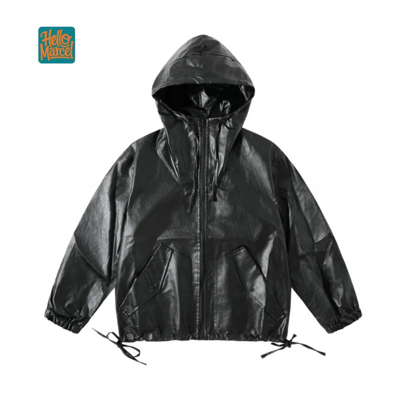 HELLOMARCEL EU US Size Luxury Quality Men'S Hoodie Street Wear Vintage Loose Fit Motorcycle PU Leather Hoodie Jacket For Men