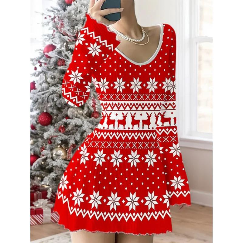 

Red Christmas Print Mini Dresses Women Fashion V-neck Flared Sleeve Slim Christmas Banquet Short Dress Europe And America New