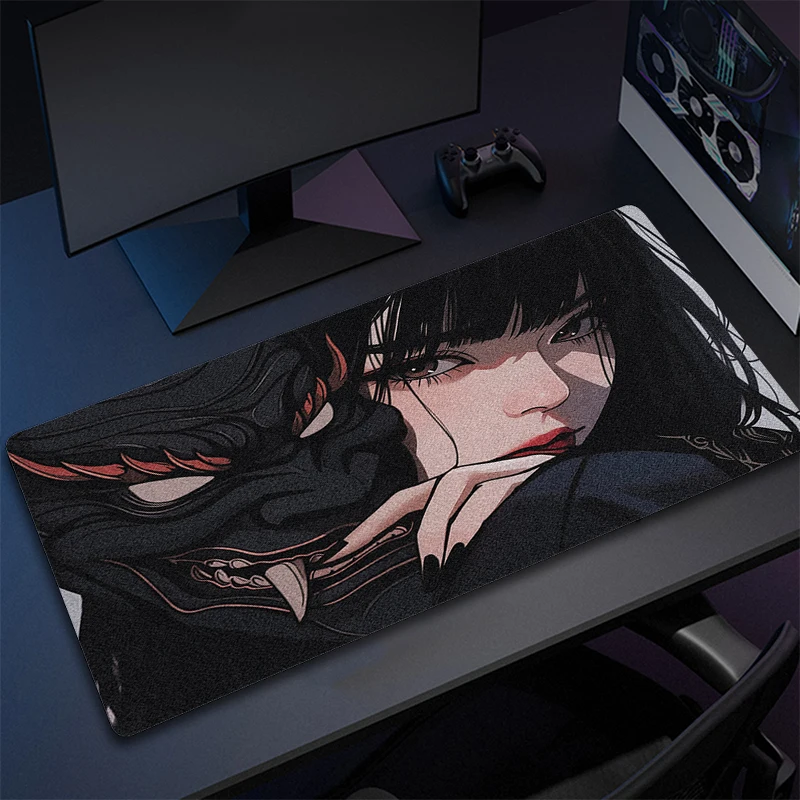 gamer profissional computador mouse pad anime meninas gaming mousepad oni mascara borda de bloqueio grande mousepad xxl jogo hd impressao tapete 01