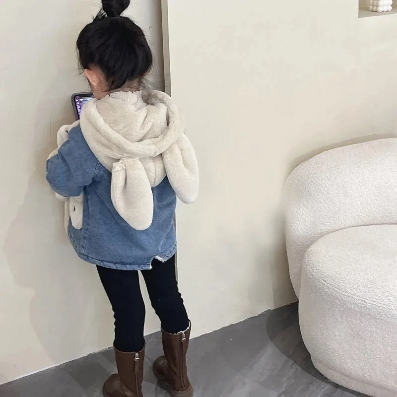 Autumn Winter Thicken Warm Baby Girls Denim Jacket Cute Plush Rabbit Ears Hooded Coats For Girl Children Outerwear Clothing 2-8Y