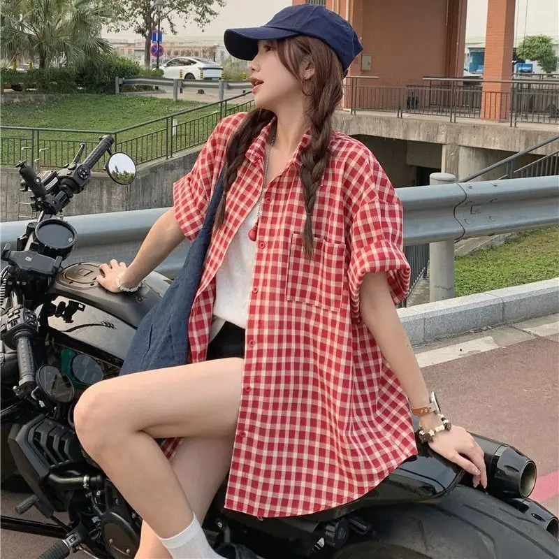 Chaqueta Retro informal de manga corta a cuadros para mujer, Tops holgados y versátiles para ir al trabajo, ropa de moda para mujer