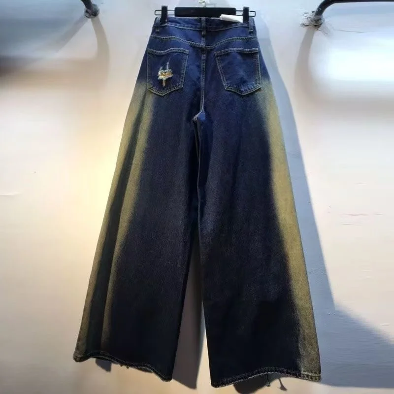 2026 Ropa Y2K Grunge Vintage Blue Baggy Women's Stacked Ripped Jeans Pants For Woman Clothing New Rock Wide Leg Denim Trousers