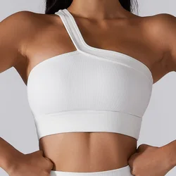 SOISOU Rib Fabric Yoga Top Women Sports Bra Gym Fitness Seamless Bra One Shoulder Sexy Women's Underwear Bralette Crop Top