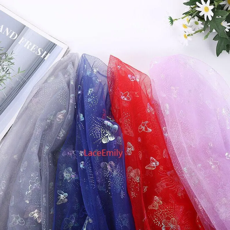 

Colorful Butterfly Print Lace Fabric Butterfly Soft Mesh Tulle Fabric for Girl Dress, Bridal Dress Wedding dress，Princess dress