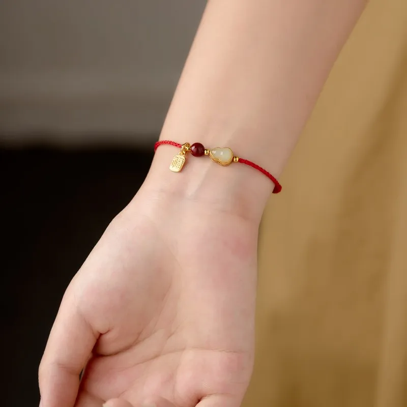2026 Hetian Jade Fortune Lucky Red String Bracelet Gold Plated Blessing Brand Pendant Peace Jewelry