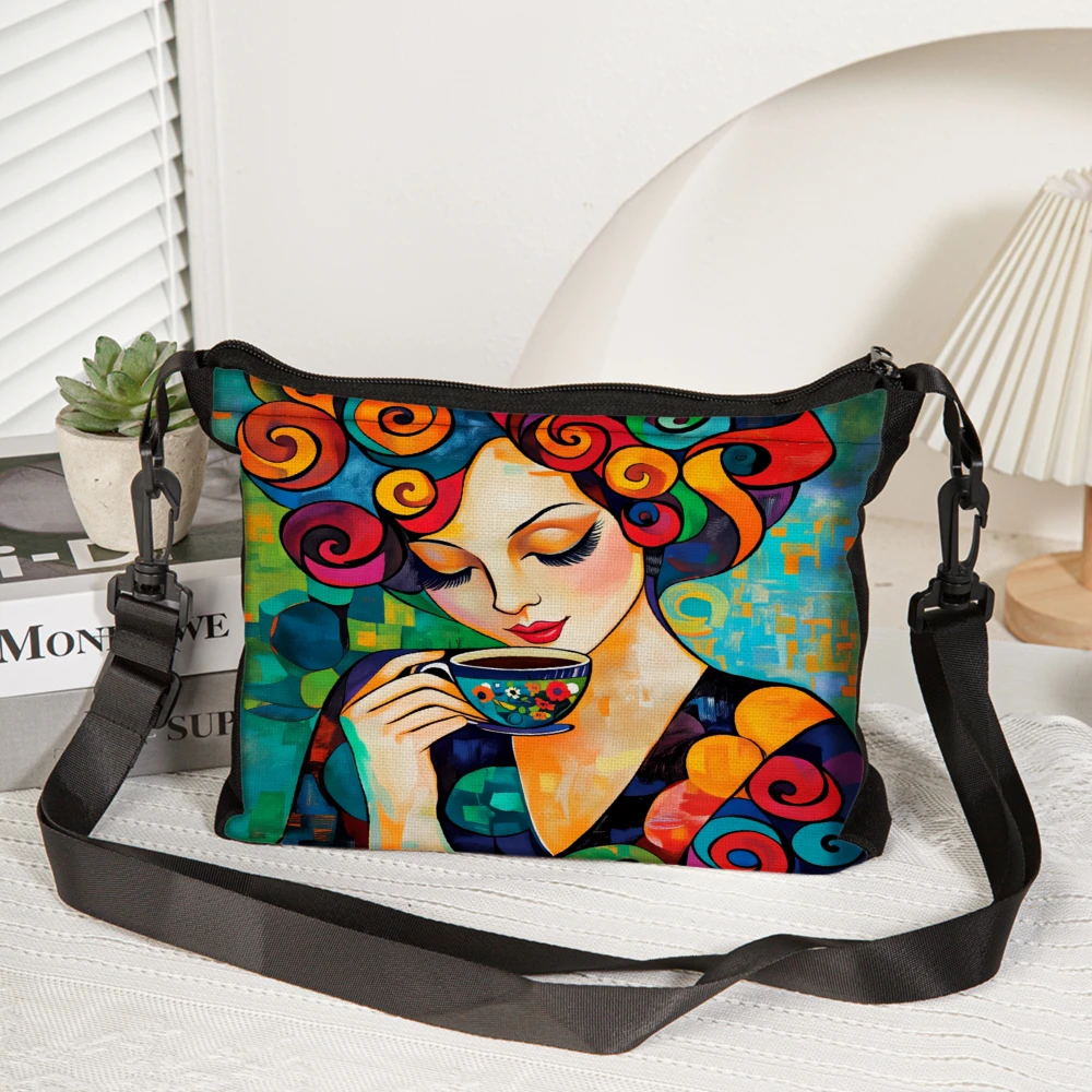 Colorful Artistic Woman Drinking Tea Crossbody Bag Multicolor Abstract Painting Print Shoulder Bags For Women Casual Work Travel