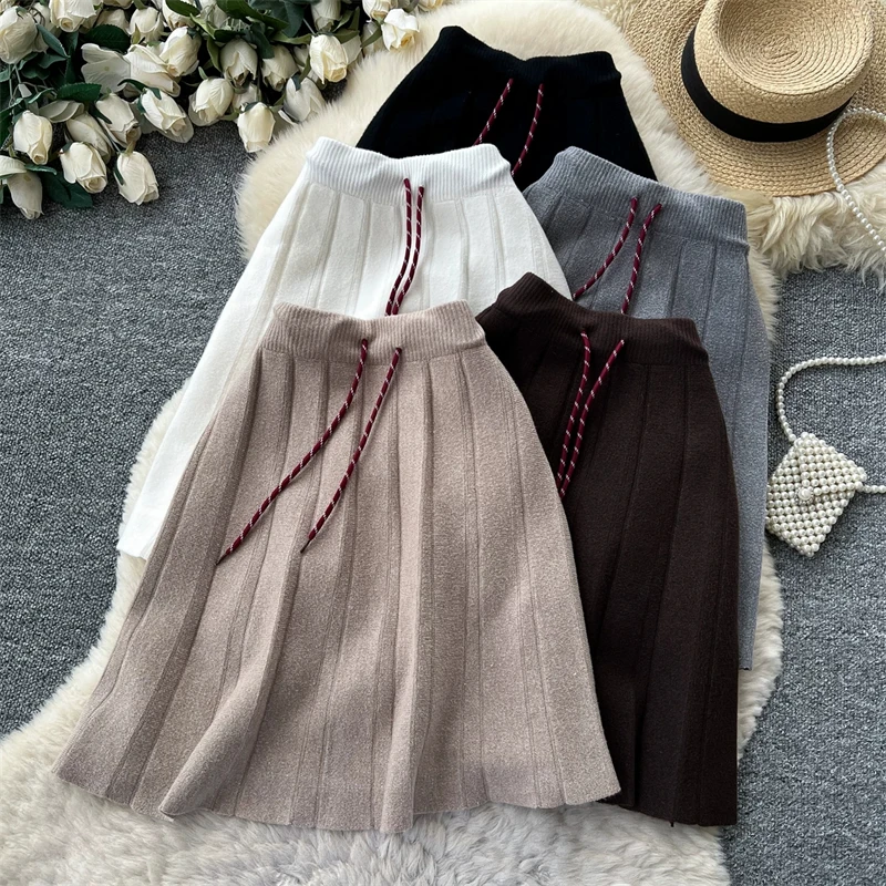 Women High Waist Knitted Pleated Skirt Drawstring A-line Short Skater Skirt Autumn Winter Solid Color Warm Knit Mini Skirts