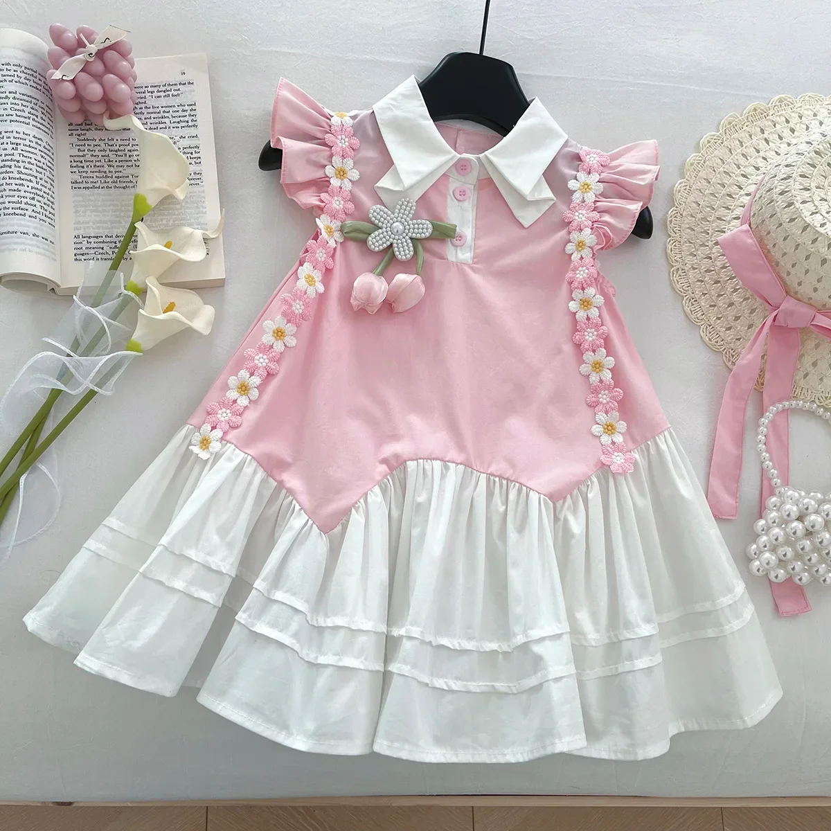 Girl Skirt 2026 Summer New Children's Clothing Girl Baby Foreign Style Flying Sleeve Princess Skirt With Hat Casual Simple Daily
