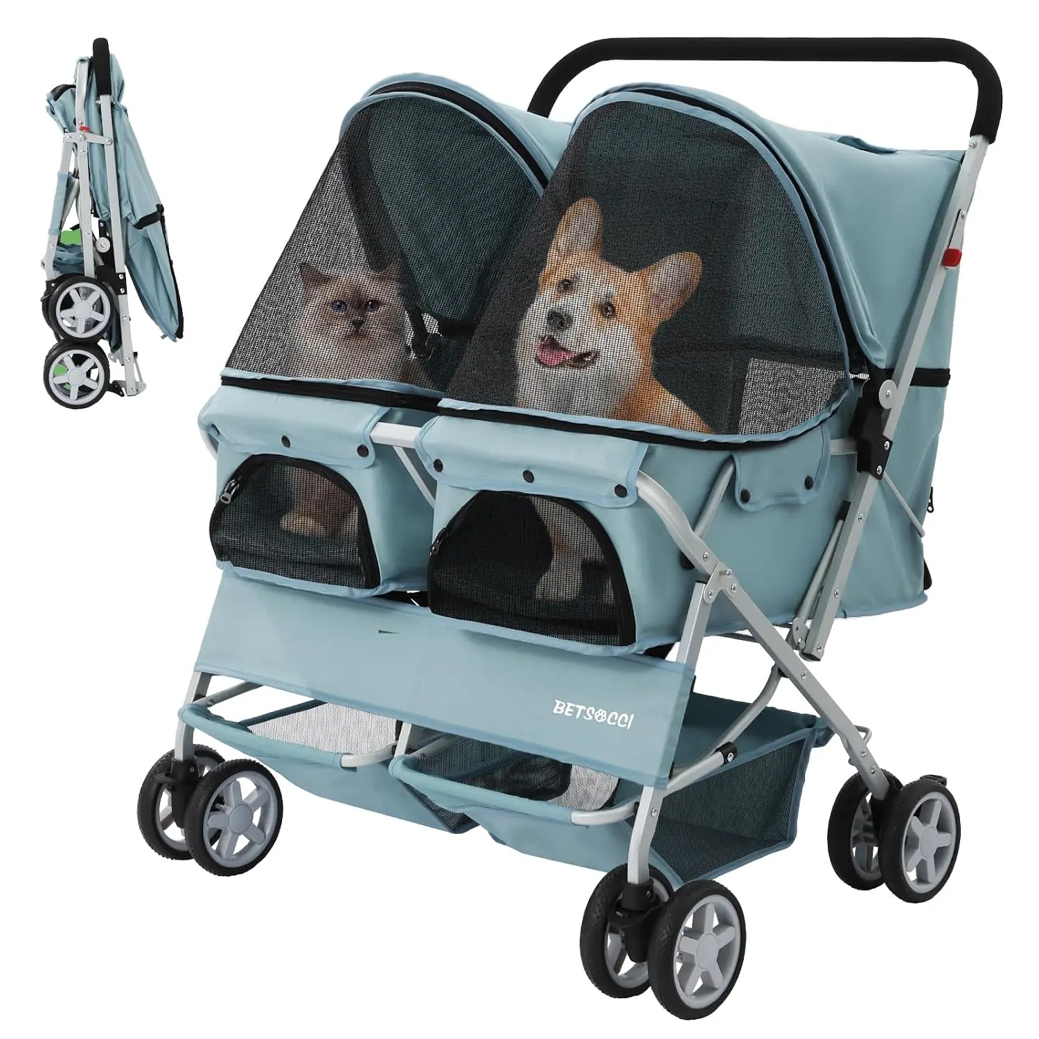 Double Pet Stroller for 2 Small Dogs & Cats, Side-by-Side Twin Travel Carriage with Safety Leashes, Mesh Windows & Double Storag