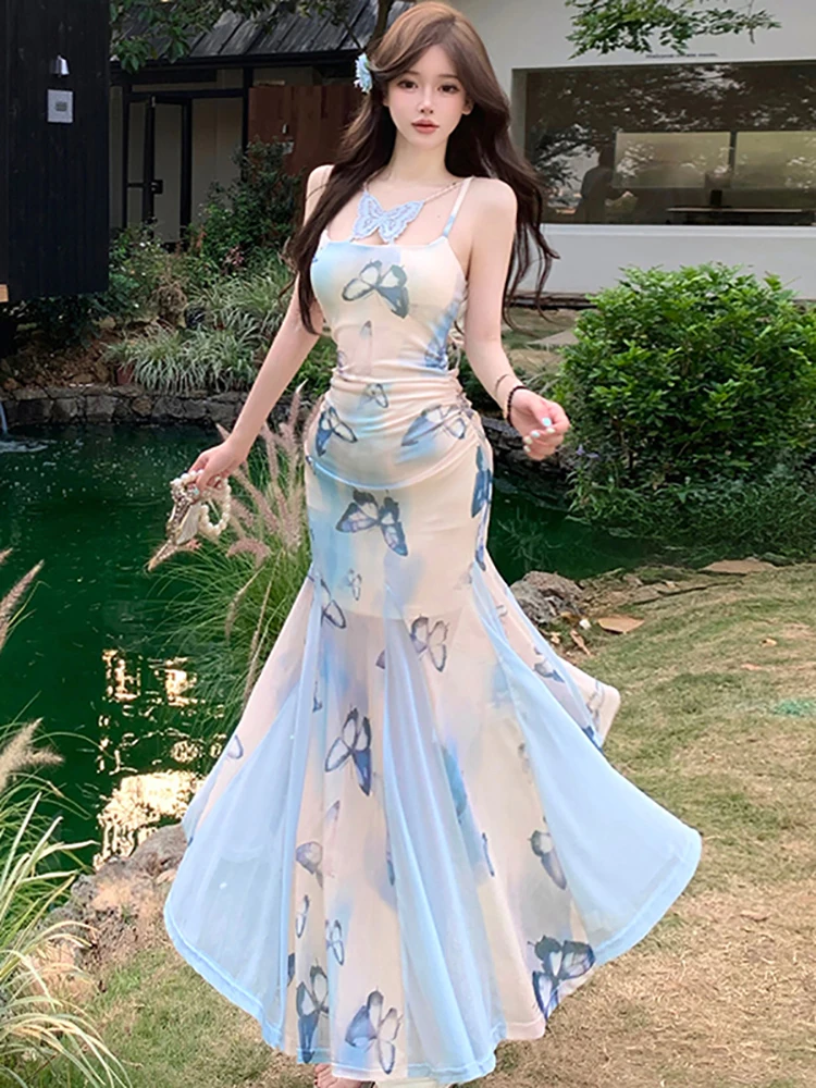 

2025 Boho Blue Floral Mesh Chic Sling Sexy Long Dress Women Elegant Ruffled Casual Dress Summer New Korean Bodycon Holiday Dress