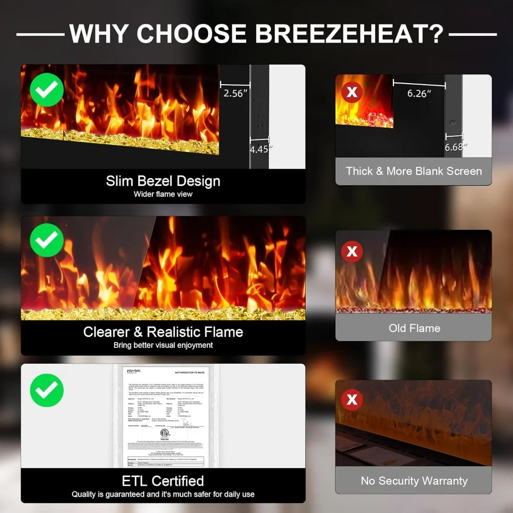 Narrow Bezel Linear Electric Fireplace - ETL Certified, Wall-Mounted, High Definition Flame, Crystals, Remote and Touch Controls