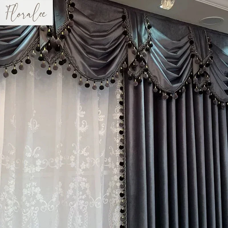 Custom European Luxury Valance  Velvet Curtains for Living Room Solid Color Blackout Bedroom Embroidered Tulle Window Decor Door