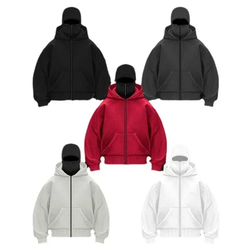 Men and women Balaclava Y2K Gothic Harajuku winter Warm new item double hooded sweatshirt men's hooded mask zipper sports Jacket view 6