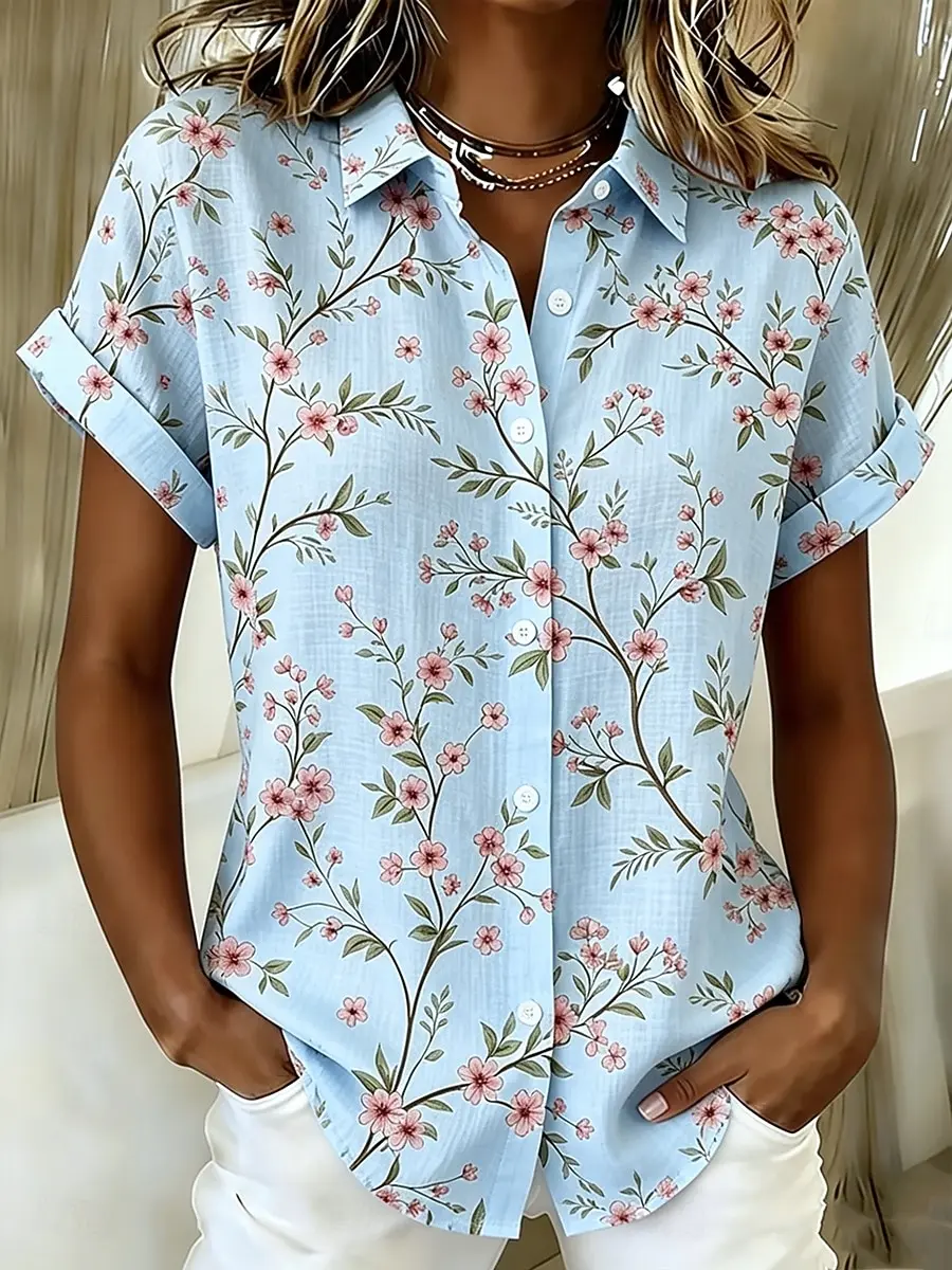 Women's Beige Floral Print Button Down Shirt, Casual Tops for Spring Summer Daily Streetwear & Vacation Occasions