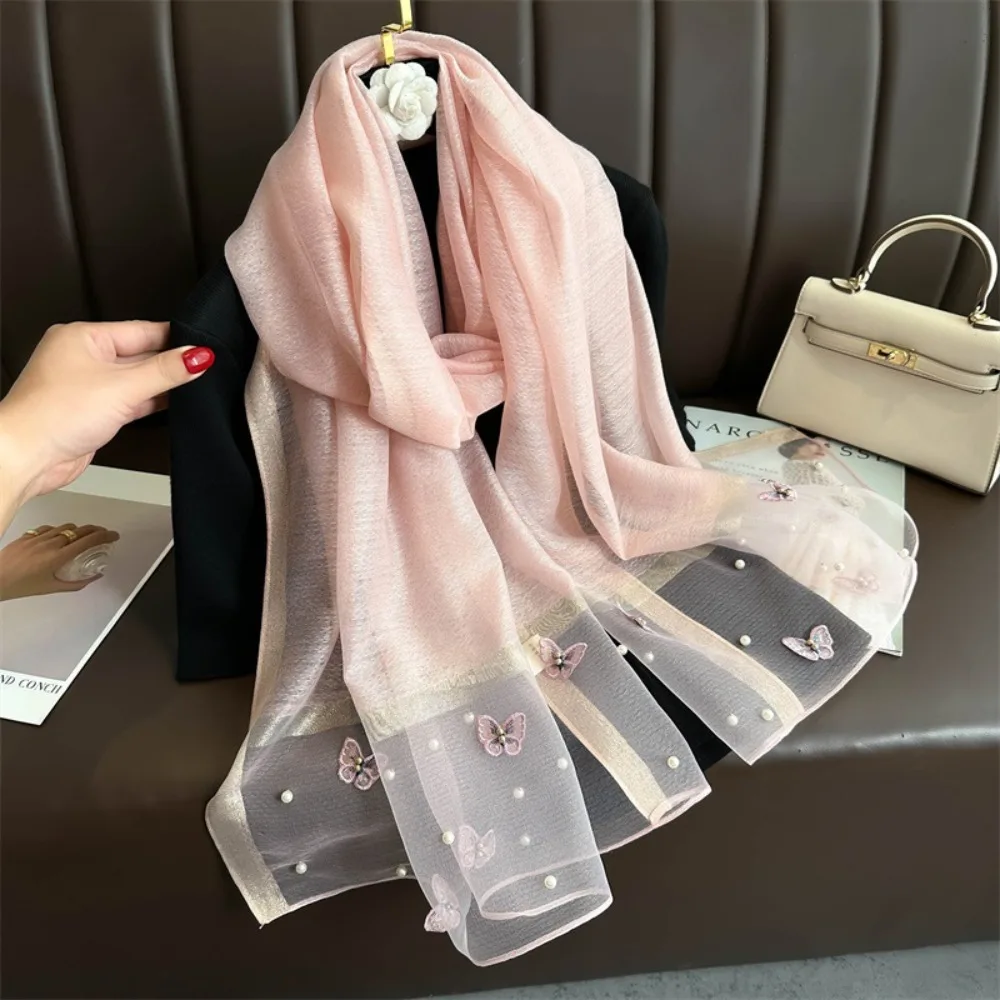

Headkerchief Thin Silk Scarf Large Foulard Butterfly Embroidery Scarf Pearl Luxury Women Hijab Shawls Female