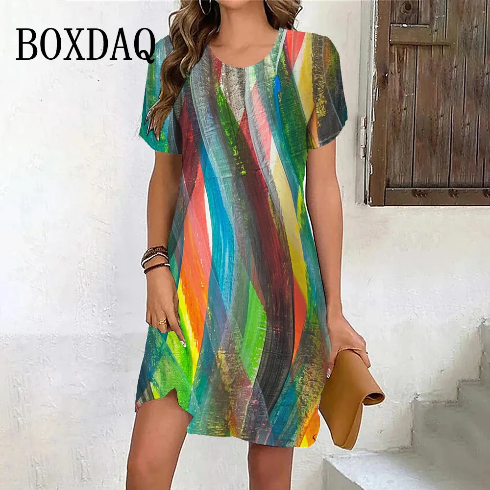 Tie Dye Colorful Painting Striped Dress Women 3D Printed Short Sleeve Mini Dress Casual Pullover Loose Ladies New Retro Dresses