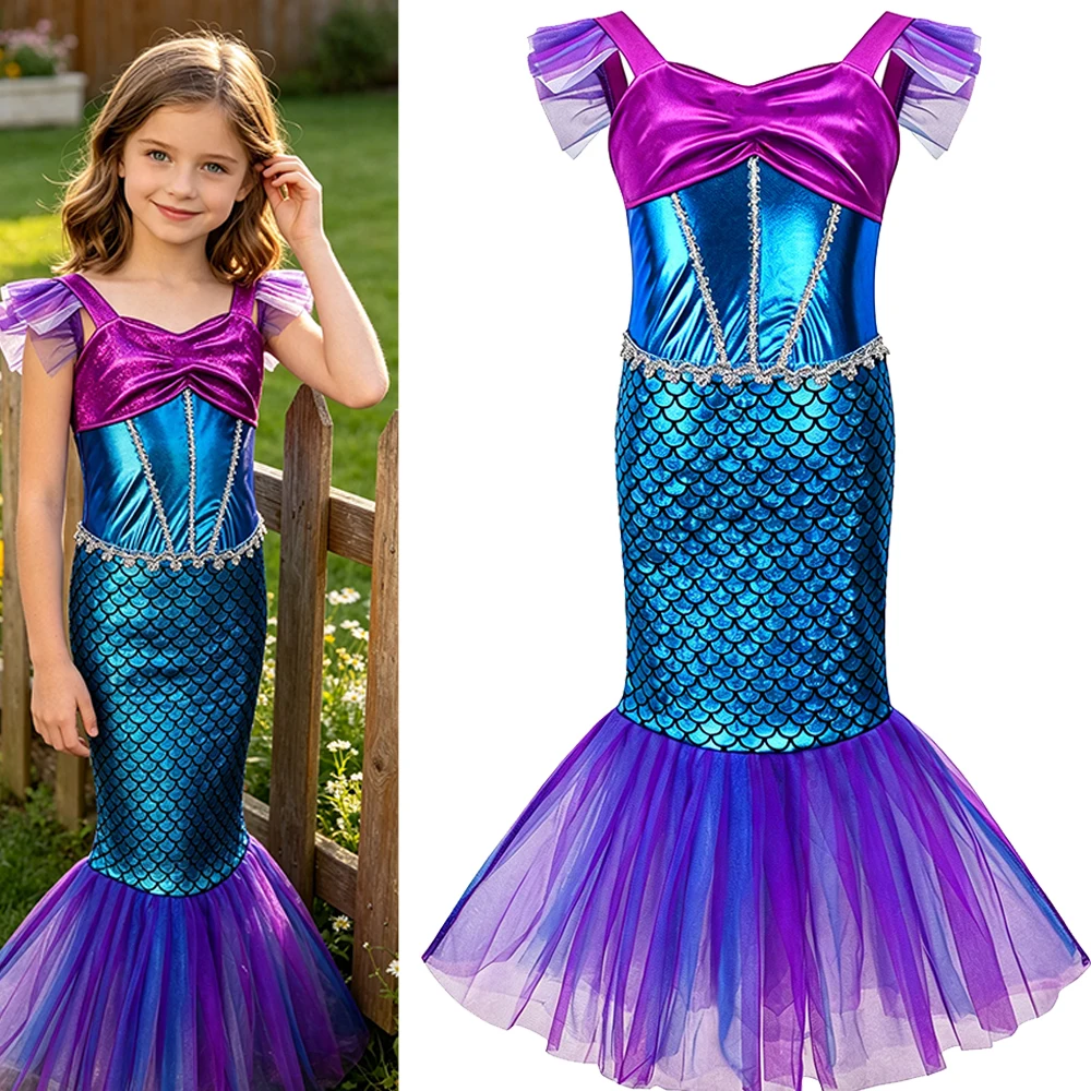 Ocean Mermaid Sleeveless Fishtail Cosplay Dress in Blue Purple Color with Complete Princess Accessories for Girls Christmas Gift