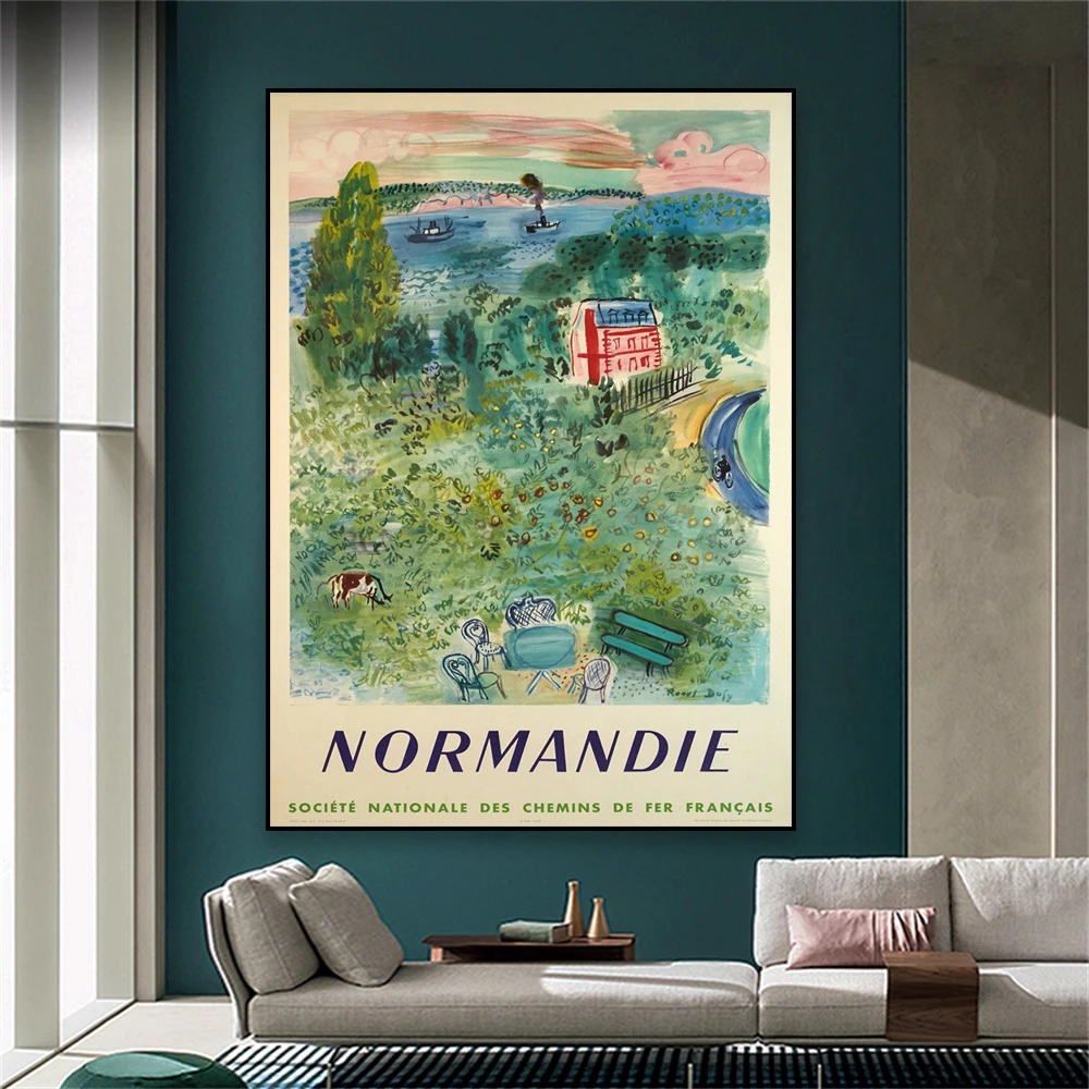 Normandie Poster Retro France Travel Poster Paris Vintage Cartoon French Riviera Nature Landscape Wall Art Print Canvas Painting