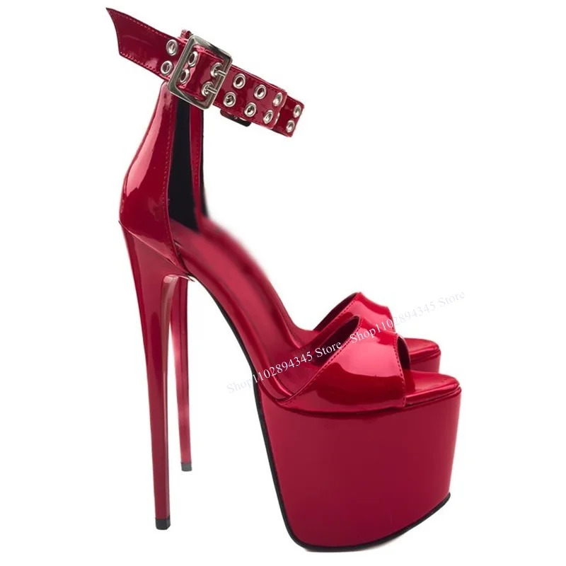 

Red Rivet Buckle Platform Hollow Sandals Peep Toe Thin High Heel Fashion Cool Sexy Western Summer Woman Shoes Zapatillas Mujer