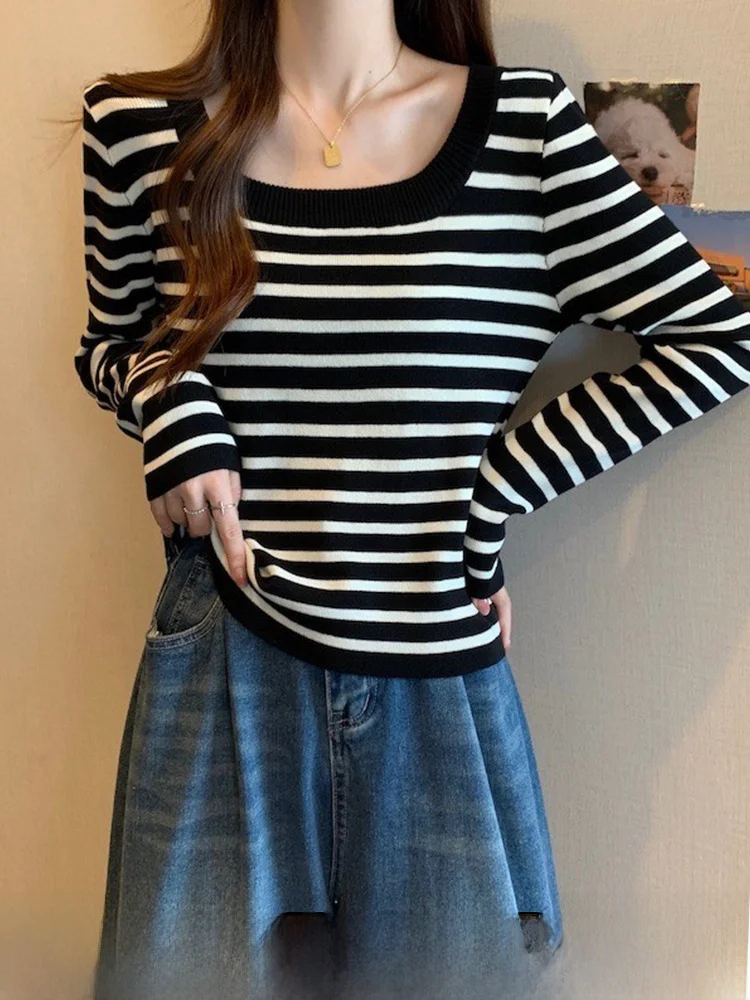 

Новый женский трикотажный топ Bla White Striped Long Sleeve U-Neck в корейском стиле Maturi для весеннего сезона, базовый слой, внутренняя одежда