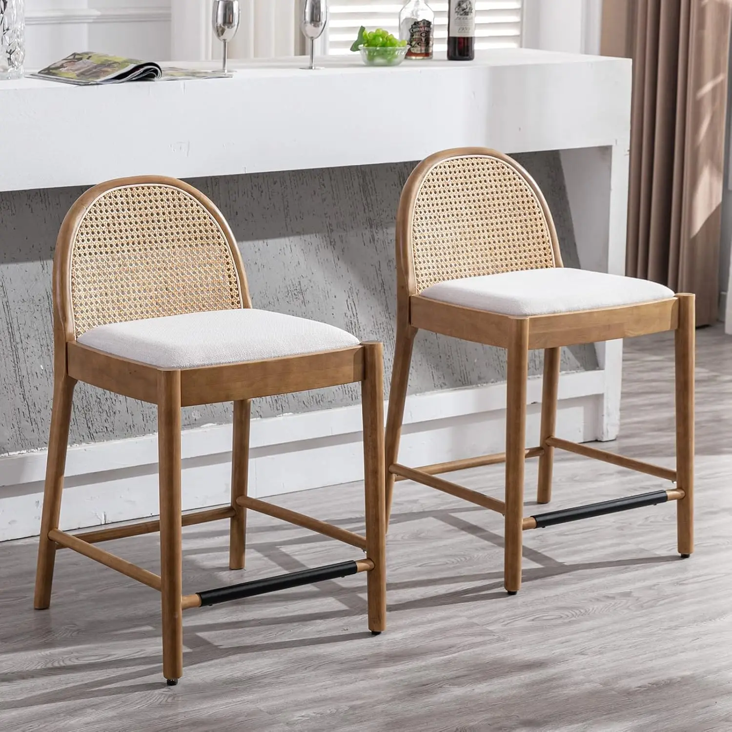 Duomay Modern Beige Rattan Counter Stools Set Of 2, 26 Inch Height - Wooden Linen Upholstered Bar Stools Barstool With Oval