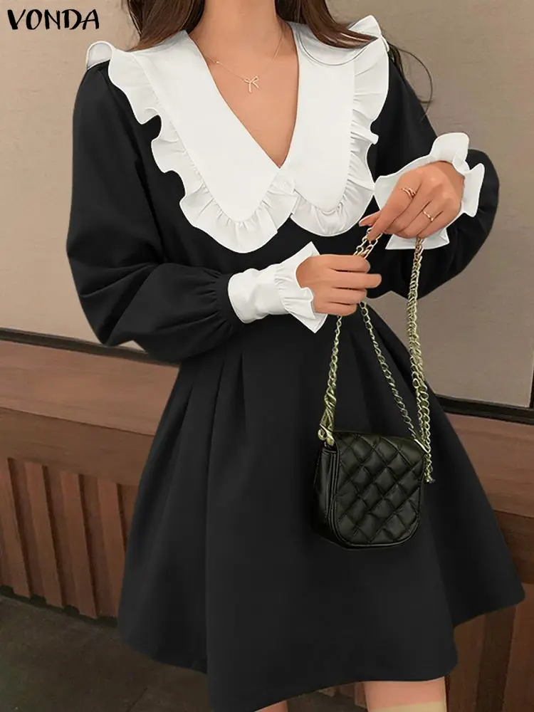 VONDA Elegante Vrouwen Mini Jurken Lange Mouw Peter Pan Kraag Korte Vestidos Herfst Lente Casual Losse Verstoorde Party Gewaad Femme
