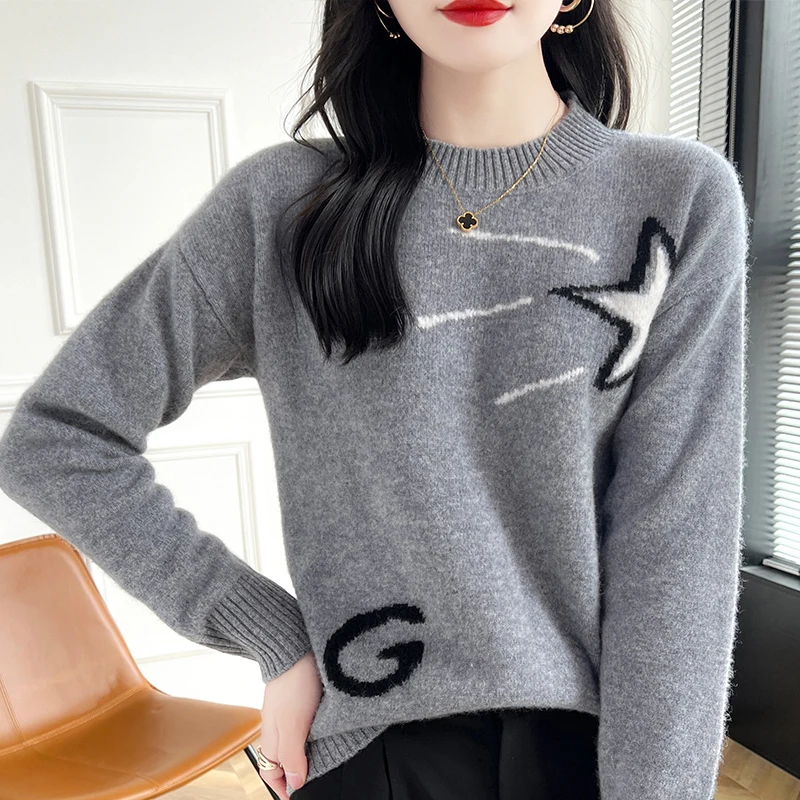 Cashmere Sweater Women\'s 2024 Autumn/Winter New Knit Round Neck Pullover 100% Wool Loose Korean Fashion Luxury Female Clothing