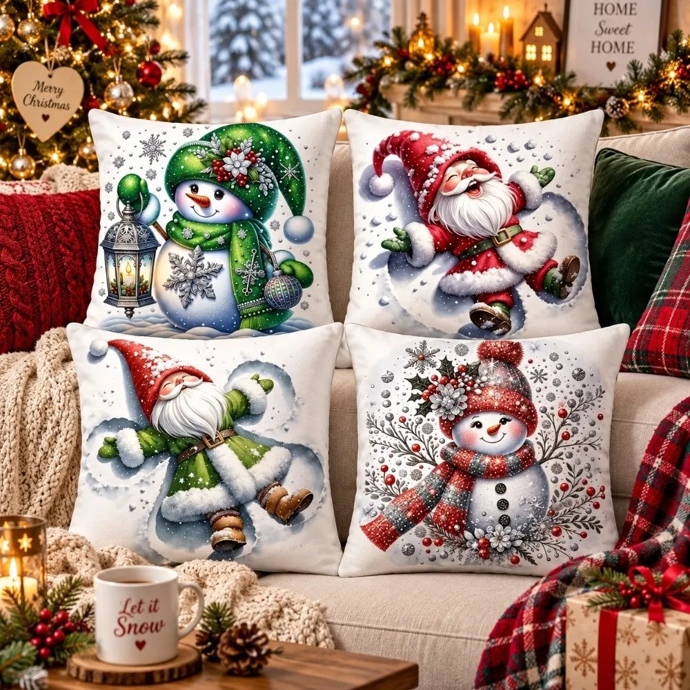 4PCS Reindeer Christmas Pillow Covers Pumpkin Dwarf Throw Cushion Case 2D Flat Pattern Tree Snowflake Snowman Pillowcase Sofa