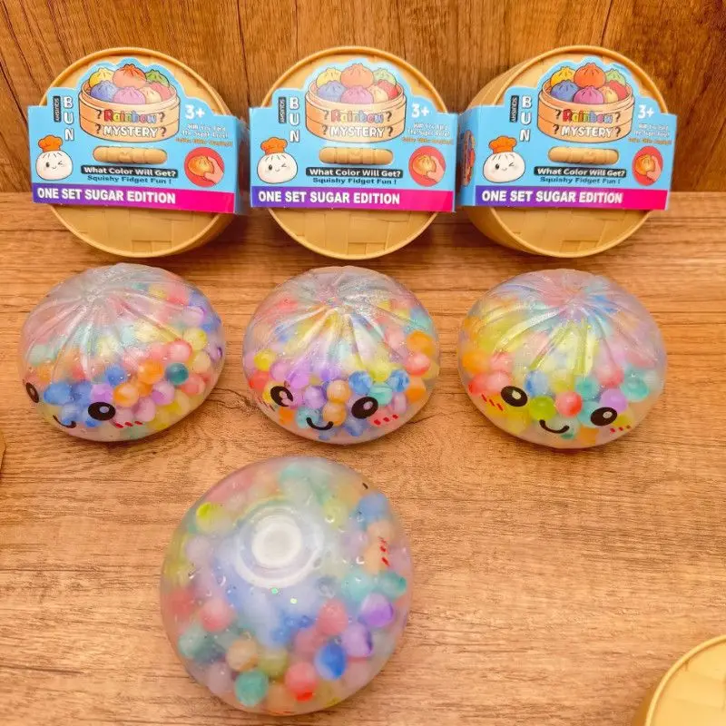 Edition Rainbow Bead Dumpling Squishy Fidget Toy with Bamboo Steamer Case Stress Relief Funny Gift