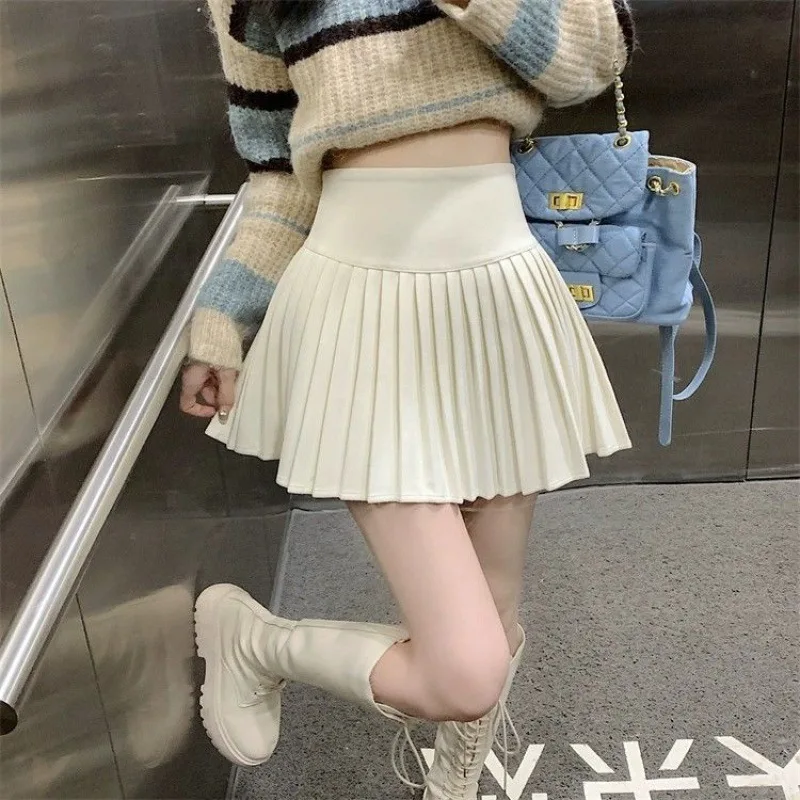 Vintage Khaki Woolen Elastic Midi Skirts For Women Autumn Winter High Waist Slimming Pleated A-Line Short Skirt