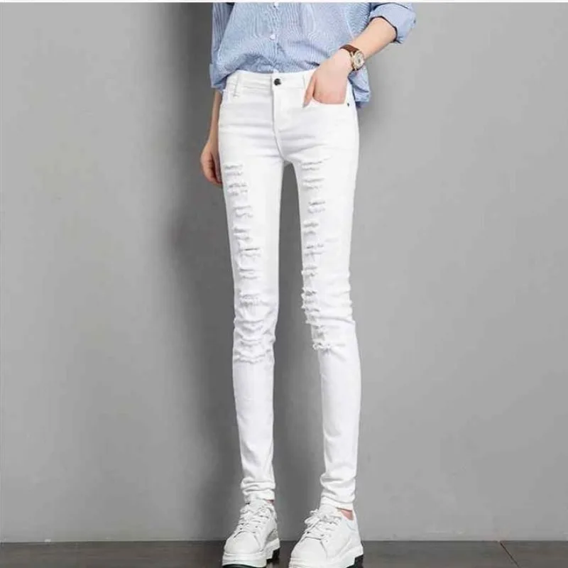 

2024 New Jeans Women's Black Pants Korean Style Slimming Holes Stretch Skinny Tappered Pants Spring and Autumn Trousers