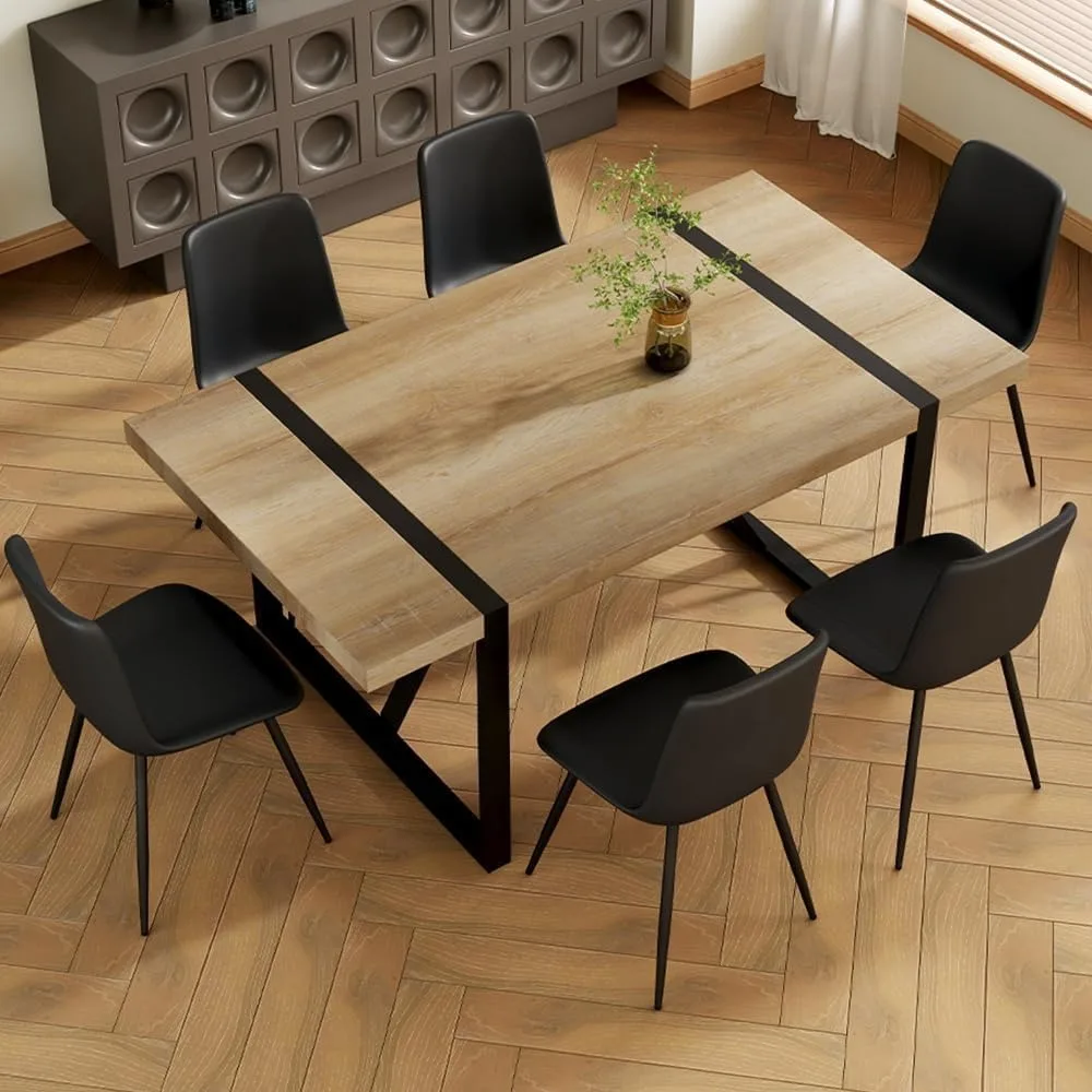 

71'' Wood Dining Table and Chairs Set of 6, Modern Rectangle Wood Dining Table,PU Dining Chairs 6