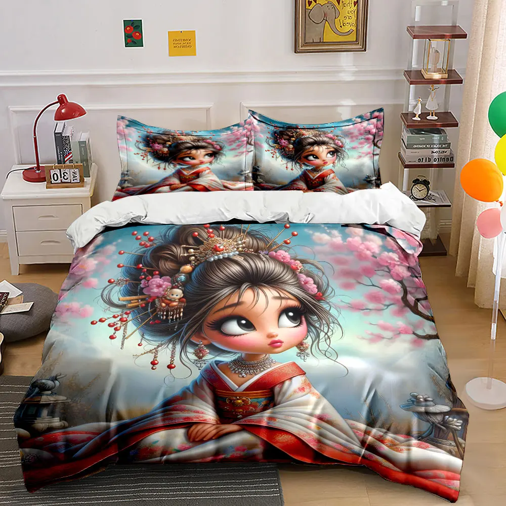 Elegant kimono girl with cherry blossoms Printed Duvet Cover Set1 Duvet Cover+2 PillowcaseMulti Size Bedroom Bedding Decoration
