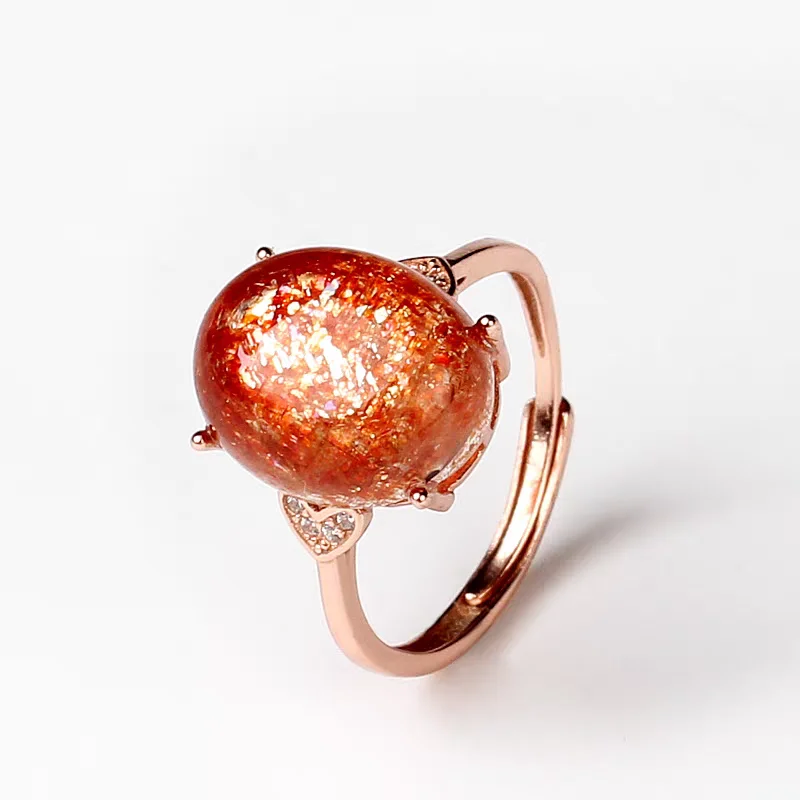 Natural Orange Sunstone Gold Strawberry Adjustable Ring Rare Women 925 Silver Oval Beads Ring AAAAAA