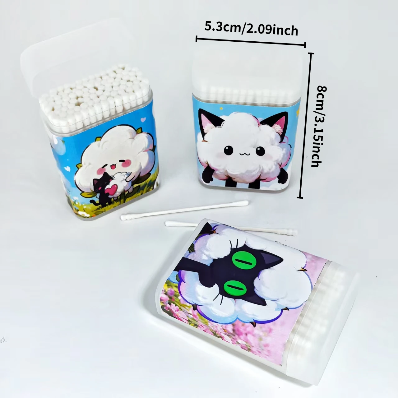 귀여운 검은 고양이 요소 면봉 300개, 미세 축 나사형 원형 면봉 스틱