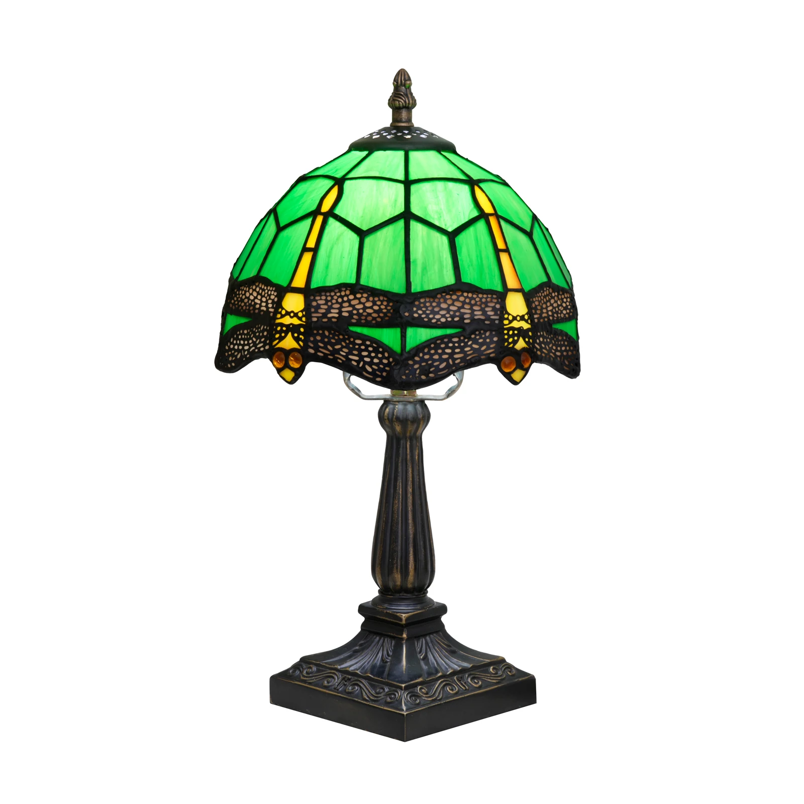 8-calowa zielona lampa stołowa z witrażem w kształcie ważki, vintage lampka nocna na biurko lub przy łóżku, ręcznie wykonany antyczny prezent artystyczny, do salonu — 2