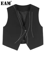 [EAM] Women Black Irregular Topstitched Big Size Short Vest New V-collar Sleeveless Fashion Tide Spring Autumn 2024 1DH7090