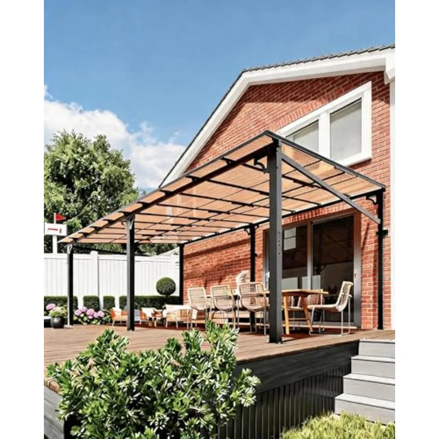 12 Feet x 20 Feet Lean to Gazebo, Hardtop Wall Pergola with Polycarbonate Roof, Aluminum Frame Mounted Gazebo for Lawn Patio De