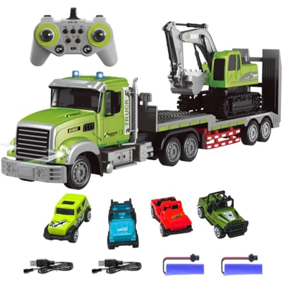 

RC Semi-Trailer Truck Excavator Toy Set, 1:12 Scale ABS Plastic Yellow with Sound, Lights, 2.4GHz Remote Control for Outdoor Pl