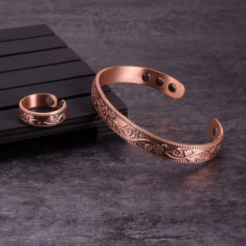 Unisex Copper Magnetic Bracelet Ring Jewelry Sets for Women Vintage Simple Flower Design Bangle Rings Jewelry Accessories