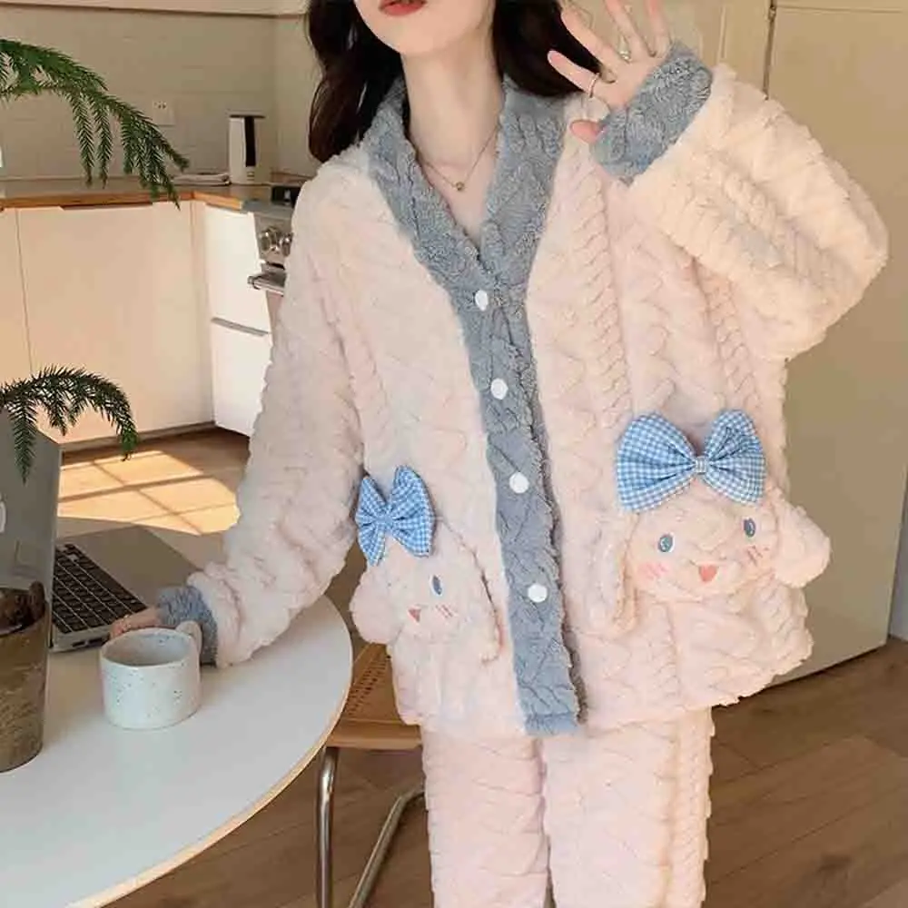 

Kawaii Cinnamoroll Coral Wool Pajamas Women's Autumn and Winter Thick V-Neck Cute Pajama Set Soft and Warm Flannel Home Clothes