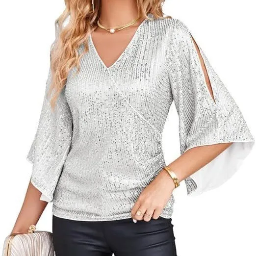 

Women Summer Long Sleeve Blouse Loose Fit Flare Sleeve Embroidery Blouses V Neck Sequin Elegant Top Cold Shoulder Wrap Front