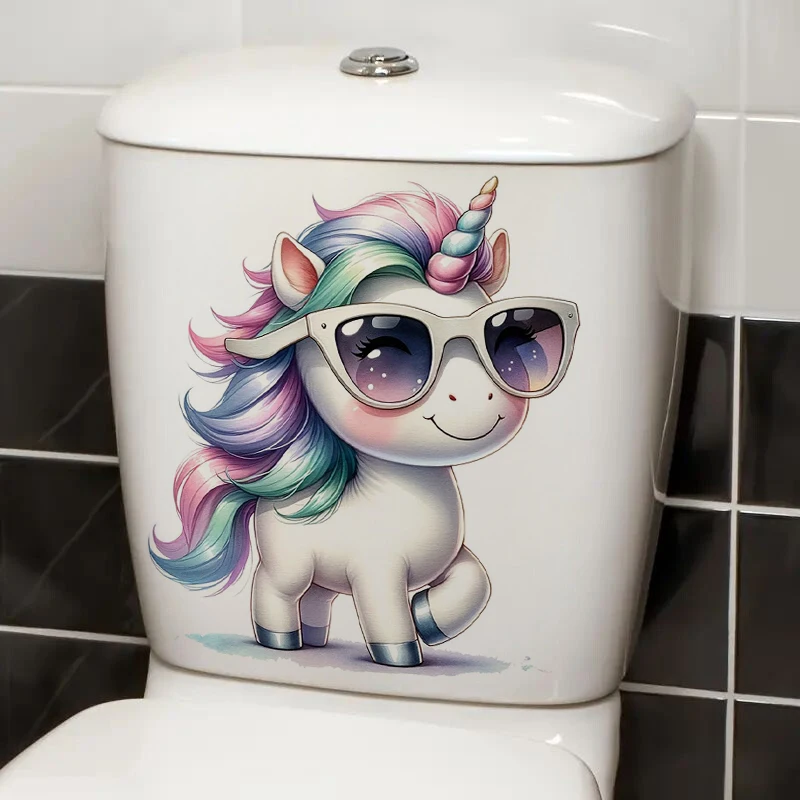 Unicorn with Sunglasses Bathroom Sticker, Water-proof Home Wall Decal for Wall, Bathroom, Cabinet, Door,Toilet, Car, Laptop