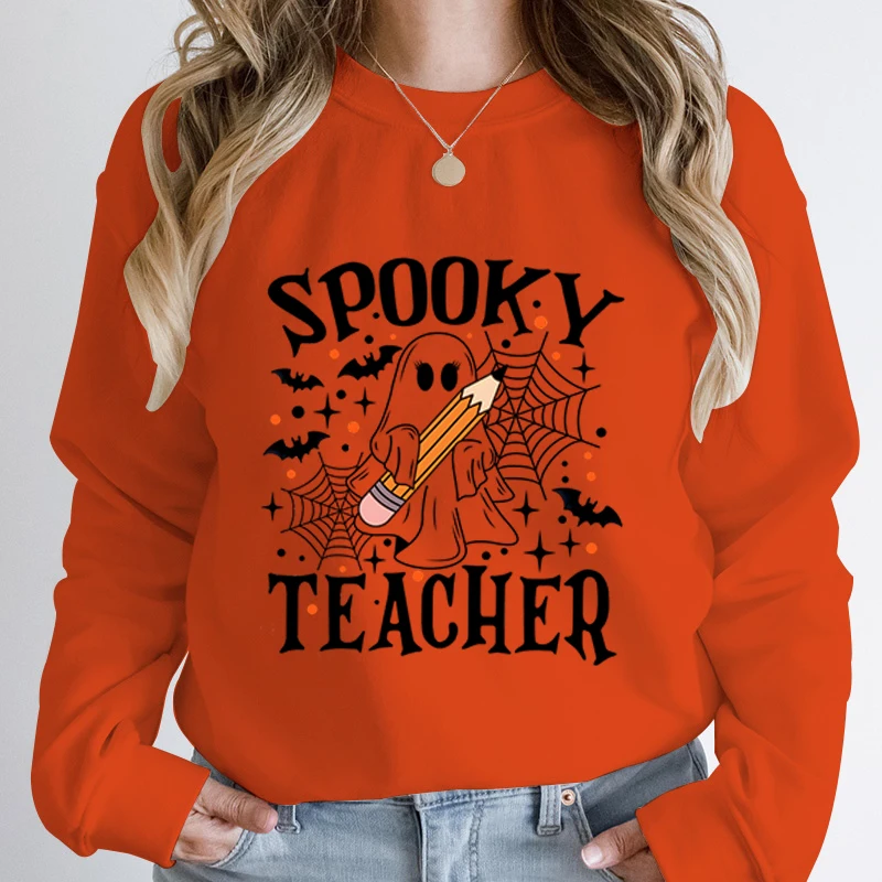 Halloween Ghost Spooky Teacher Round Neck Pullovers Women Casual Sport Outdoor Long Sleeves Hoodeless Pullovers Solid Color Tops