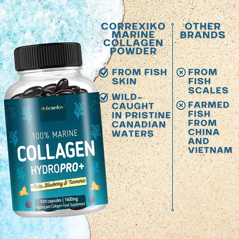 Hydrolyzed Marine Collagen - Contains Kelp, Turmeric and Blueberry for Joints, Hair, Skin, Nails, Cartilage and Overall Health