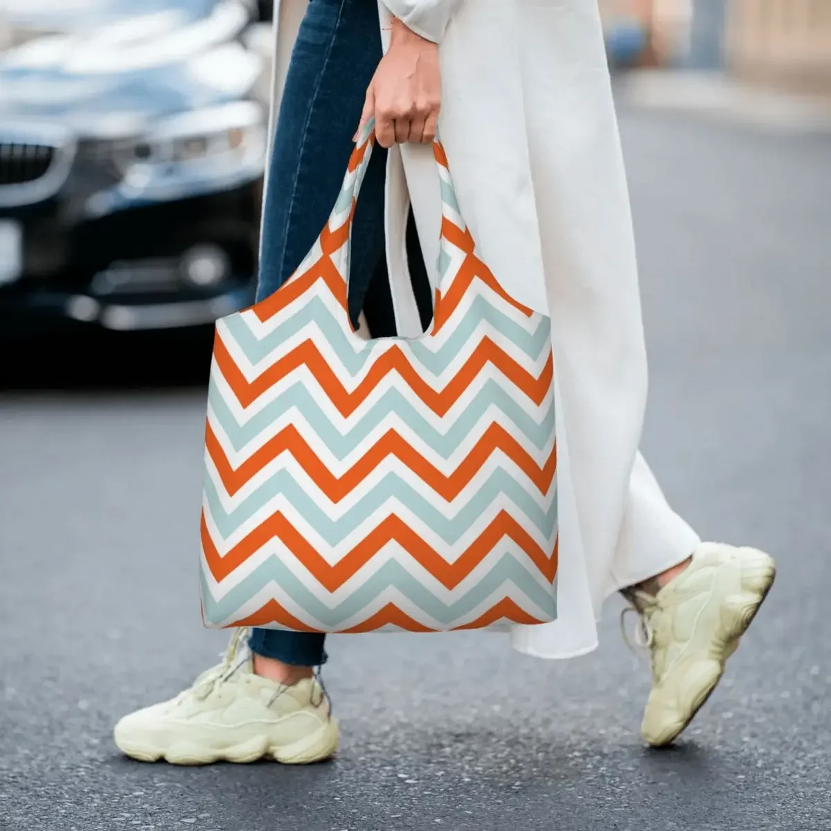 Chevrons Stripes Blue Orange Shopping Bag Women Shoulder Canvas Tote Bag Washable Bohemian Modern Groceries Shopper Bags Handbag