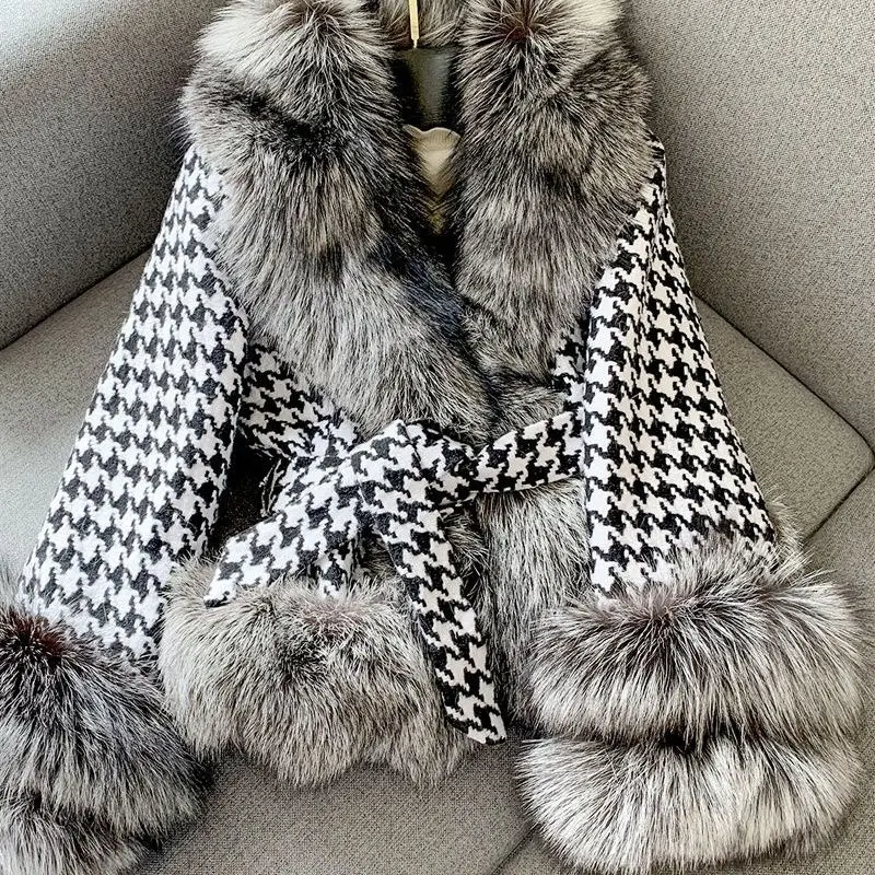 New Fur Jacket Women's Short New Young Women's Thousand Bird Grid Fur Collar Imitation Silver Fox Fur Coat High Appearance Level