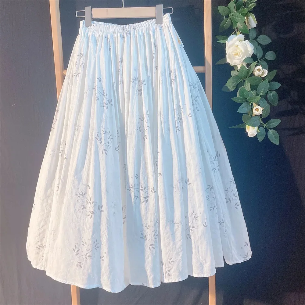 

Хлопково-льняная плиссированная юбка миди с модным принтом для женщин, летняя элегантная белая длинная юбка-солнце для офиса, 2026